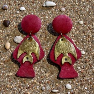 Vintage Red - fushia and Gold Brass Fish Earrings with Leather Backing